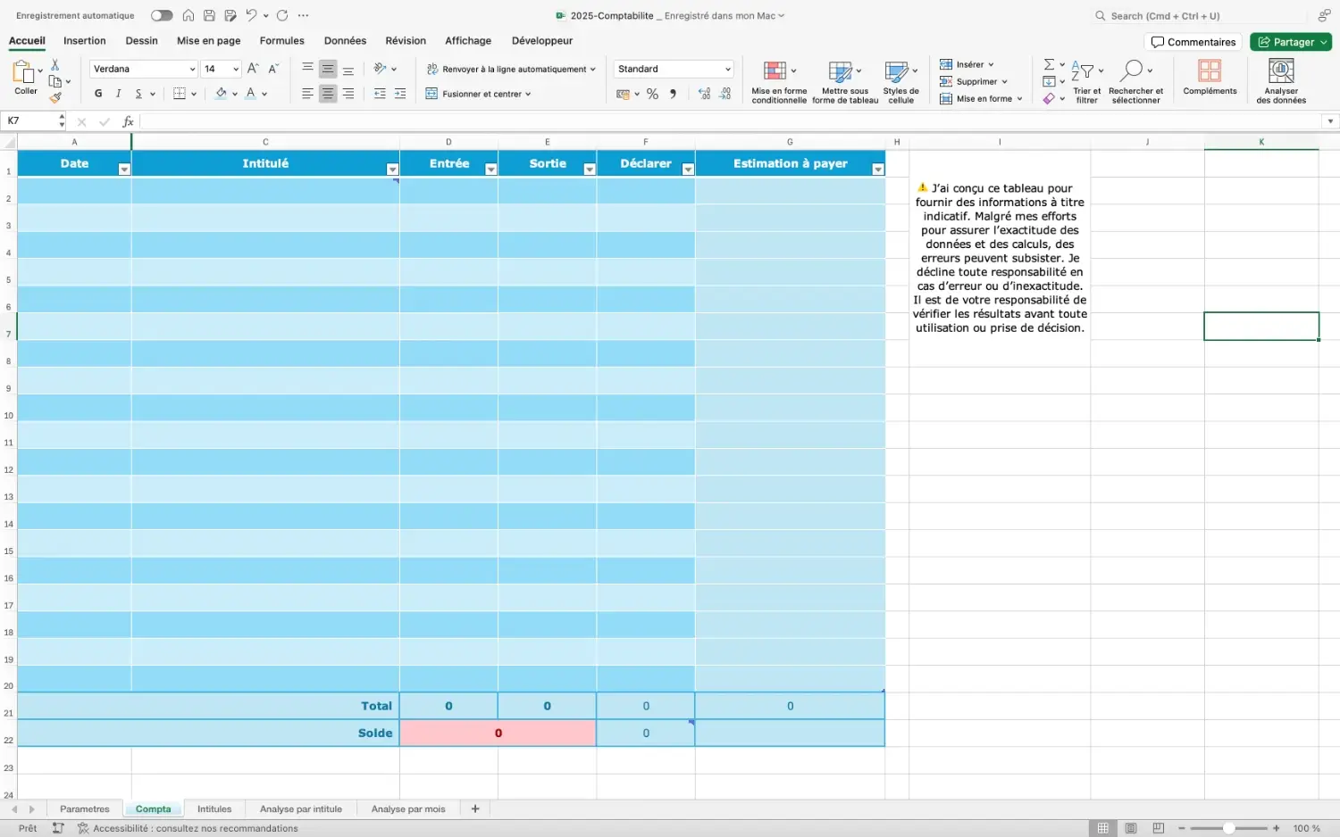 Tableau Excel de comptabilité pour un auto-entrepreneur