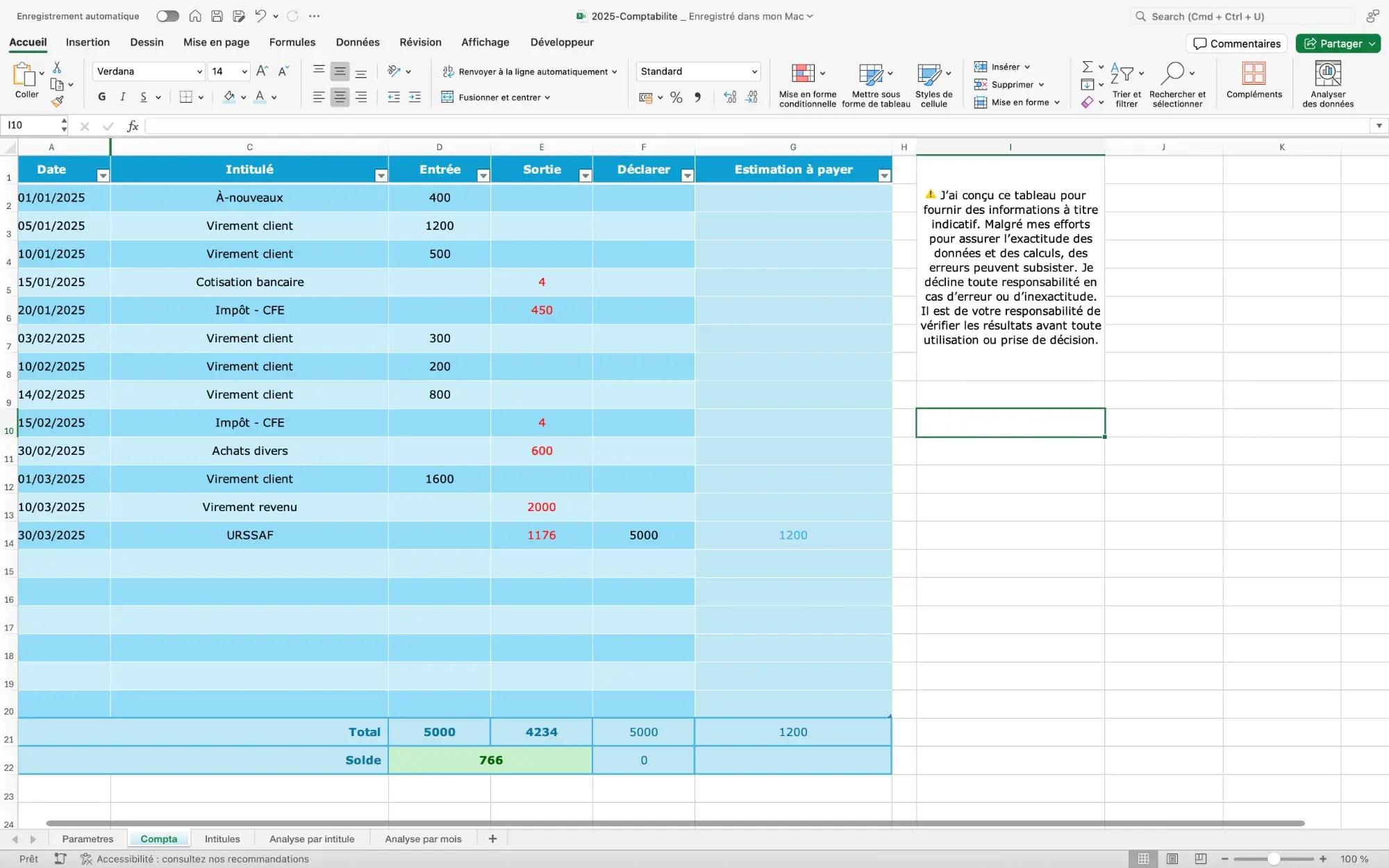 Tableau de comptabilité sur Excel pour un auto-entrepreneur