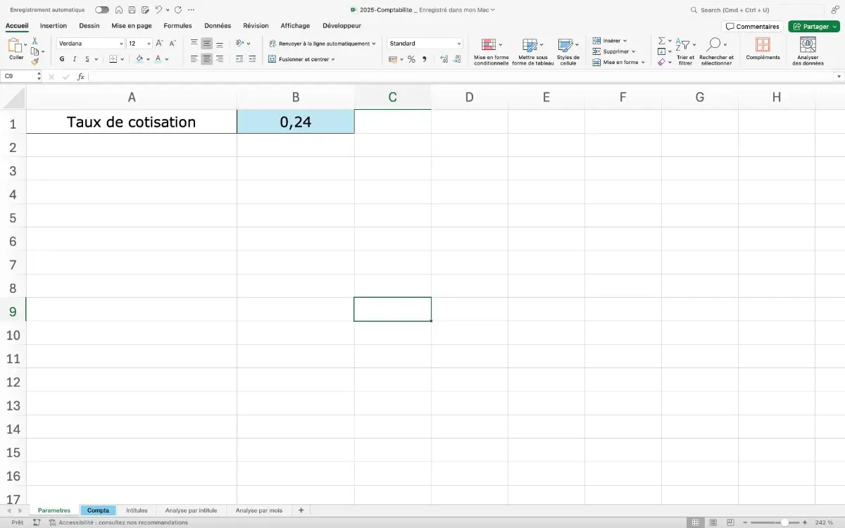 Taux de cotisation pour un auto-entrepreneur dans le tableau Excel