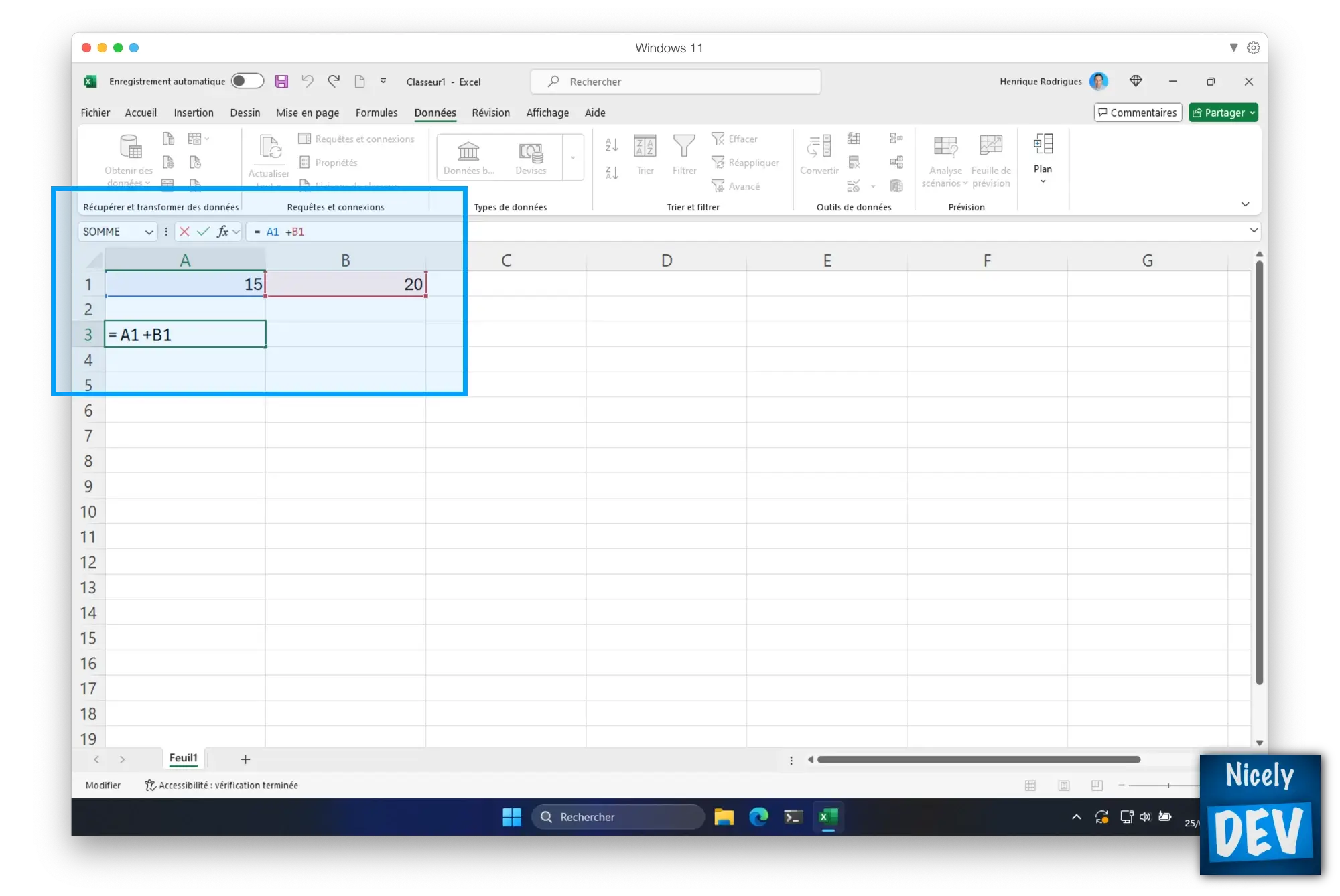 Une formule d'addition dans Excel