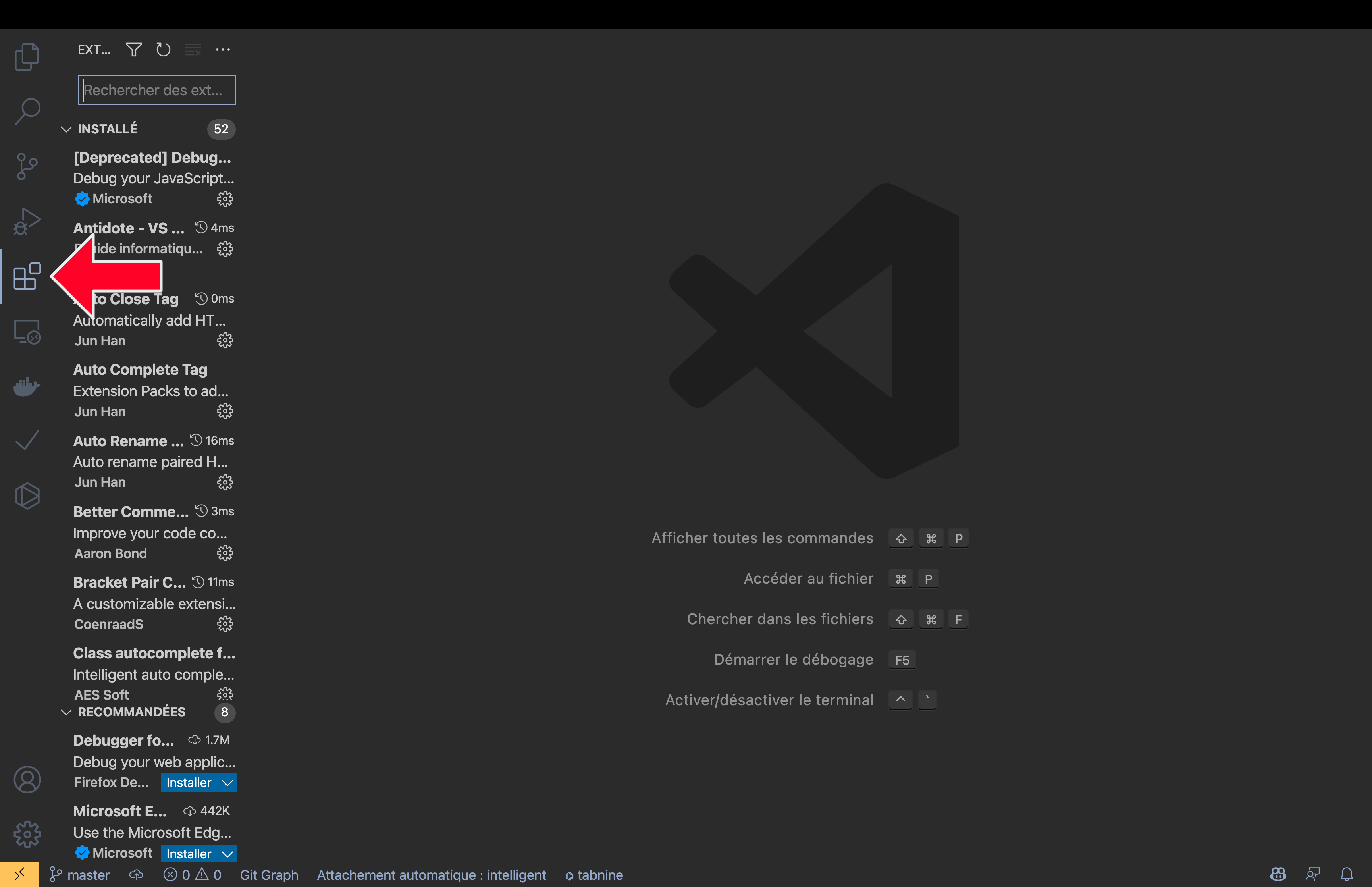 Onglet extension dans VS Code