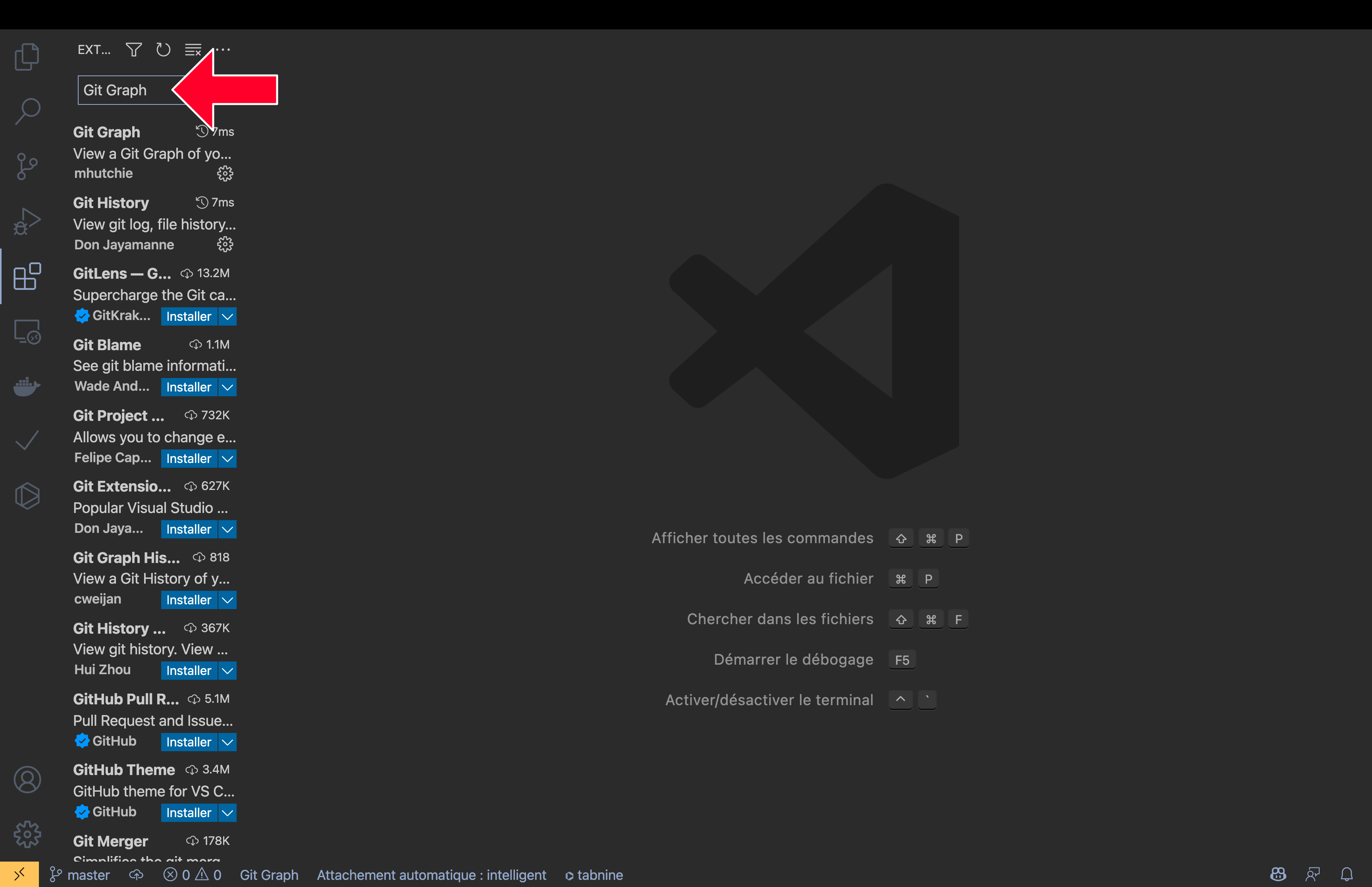 Chercher l'extension Git Graph